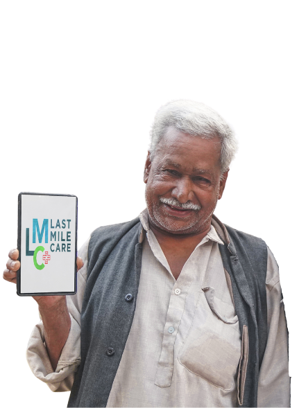 an old man showing LMC logo in the tablet